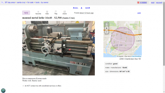 Acra Turn manual metal lathe 16x40 2 500 Santa Cruz CA The